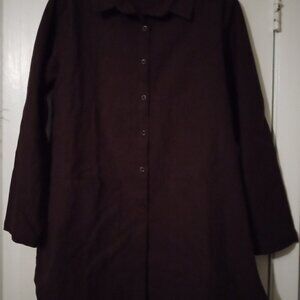 M N women's 100% linen shirt dress chocolate brown size M long sleeves frnt pock